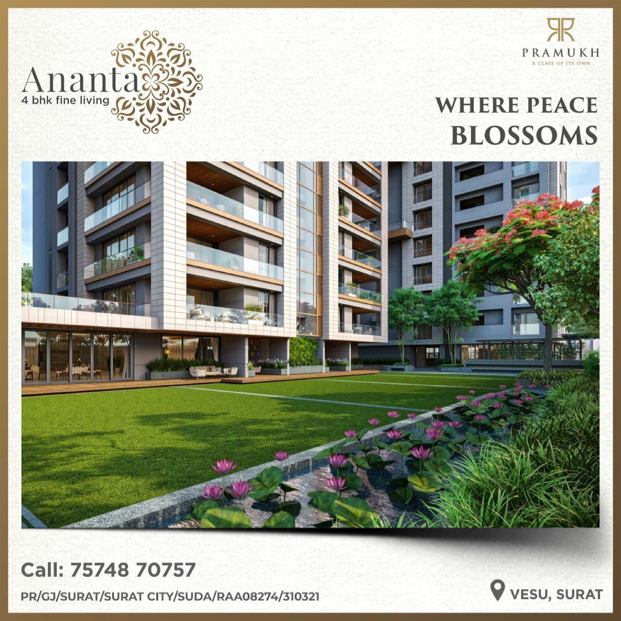 Pramukh Group,  PramukhGroup, AnantaByPramukh, 4BHK, RealEstate, Surat, Garden, Amenities, 4BHKApartments, DreamHome, Flowers, Peace