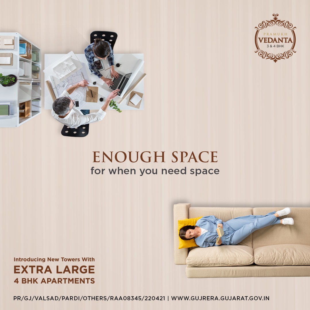 Pramukh Group,  Pramukhgroup, vedanta, 3BHK, 4BHK, Spacious, Pramukhhomes, Spaciousproperty, Realestate, Property, space, newtower, vapi, vapiproperty, Personalspace, metime